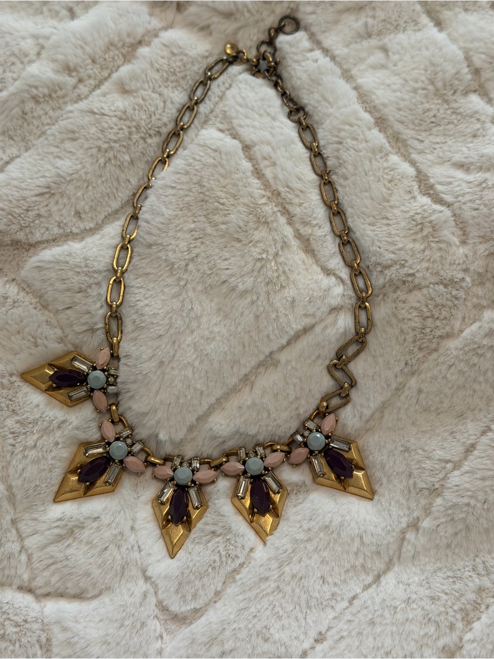 J Crew Gold Statement Necklace with Pink and Purple Accents
